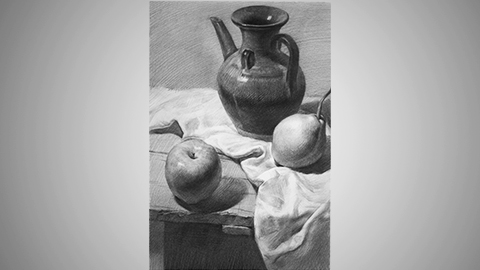 静物组合--陶罐、苹果、梨子、衬布